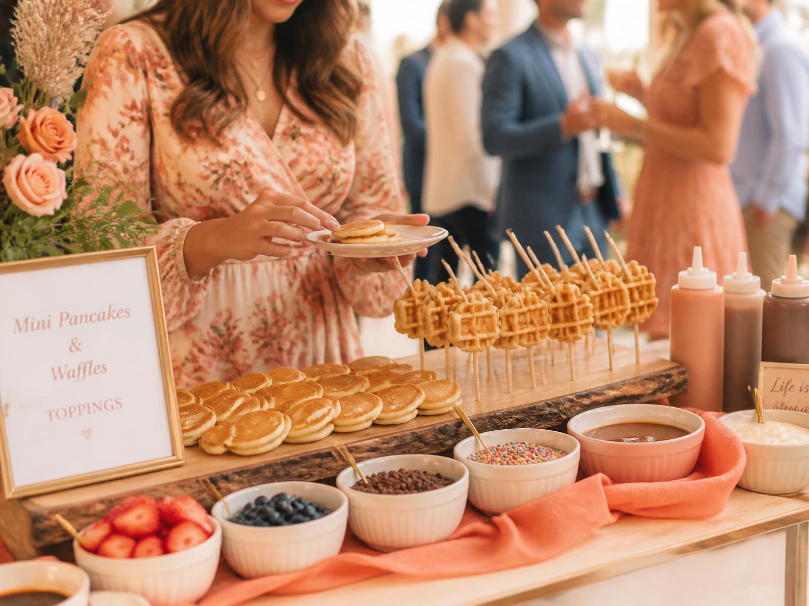 A styled live dessert cart with waffles, toppings and coral florals