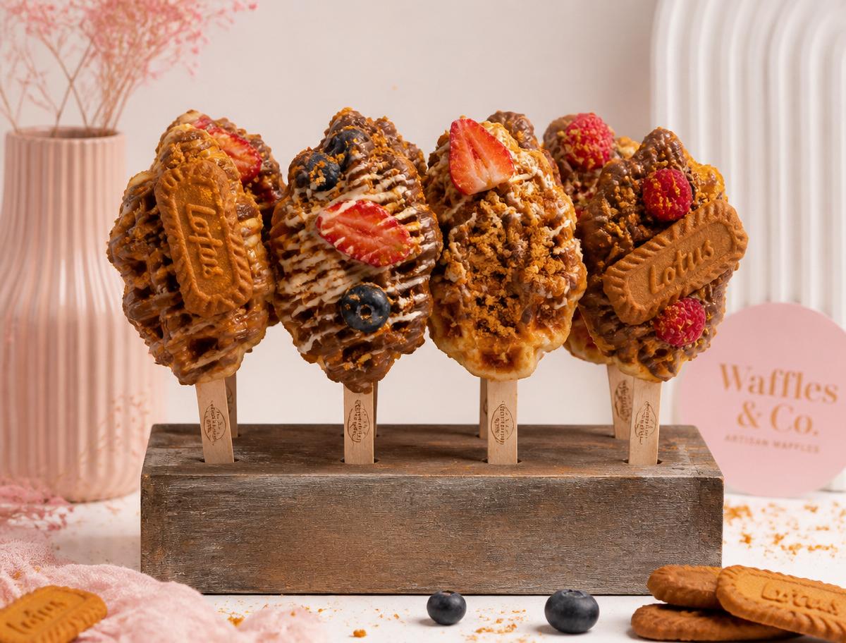 Chocolate and berry Waffles-on-a-Stick displayed for an event